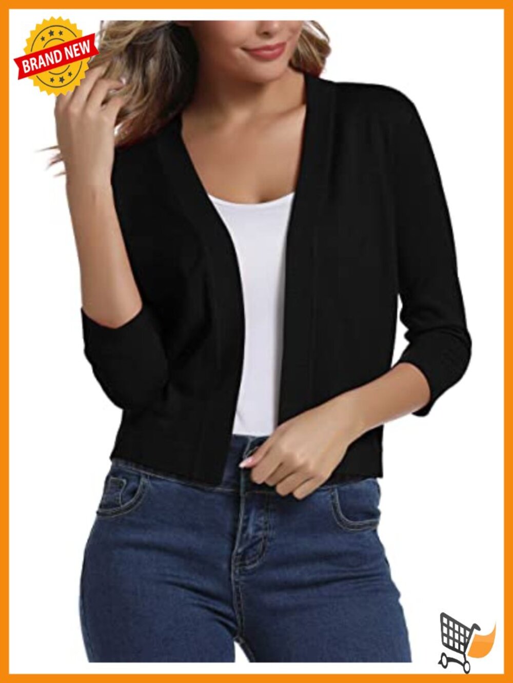 3/4 Sleeve Cropped Cardigan Sweater Elegant Shrug Open Front Ribbed Hem